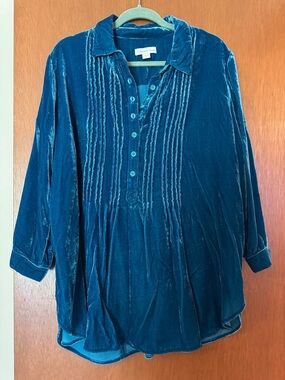 Coldwater Creek Teal Velvet Pintuck Tunic, Size 1X